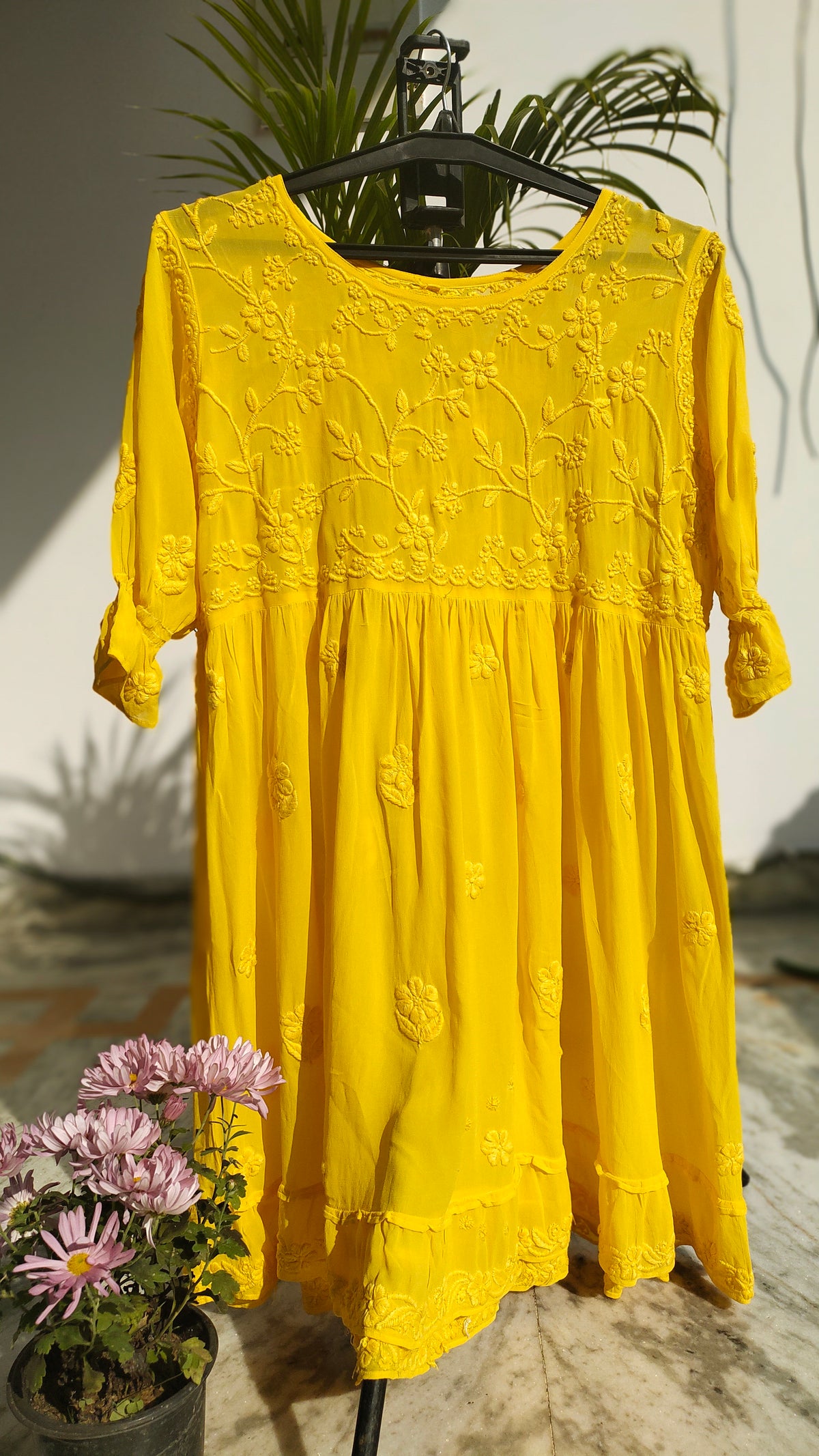 Handmade green Gazal Premium Georgette Tunic with intricate both-side embroidery, crafted by LVW Fashions in Lucknow Chikankari style.