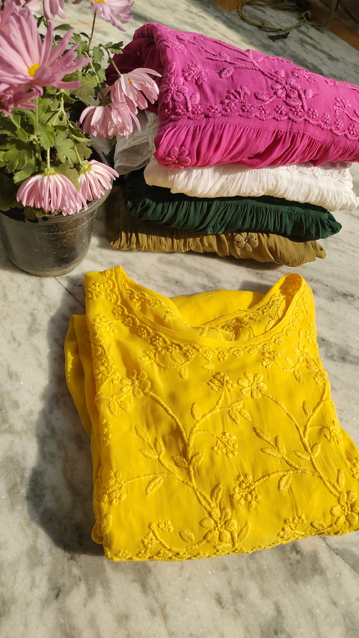 Green Gazal premium georgette tunic with intricate handmade Lucknow Chikankari embroidery on both sides by LVW Fashions.