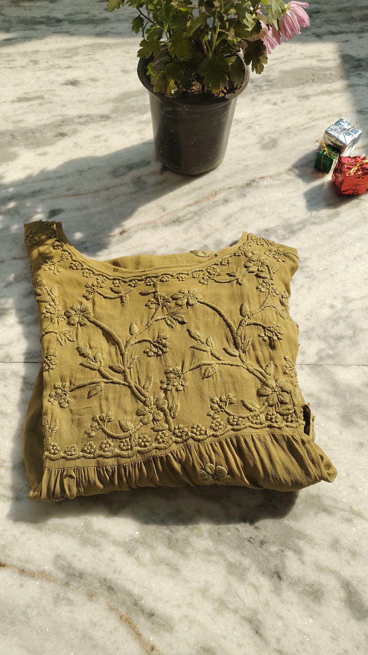 Green Gazal Premium Georgette Tunic by LVW Fashions with intricate hand-embroidered Lucknow Chikankari on both sides.