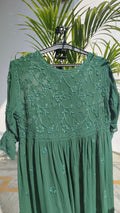 Handmade green Gazal Premium Georgette Tunic with intricate Chikankari embroidery on both sides by LVW Fashions.
