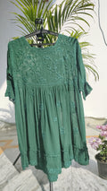 Green Gazal Premium Georgette Tunic with intricate both-side embroidery, handmade Lucknow Chikankari by LVW Fashions.
