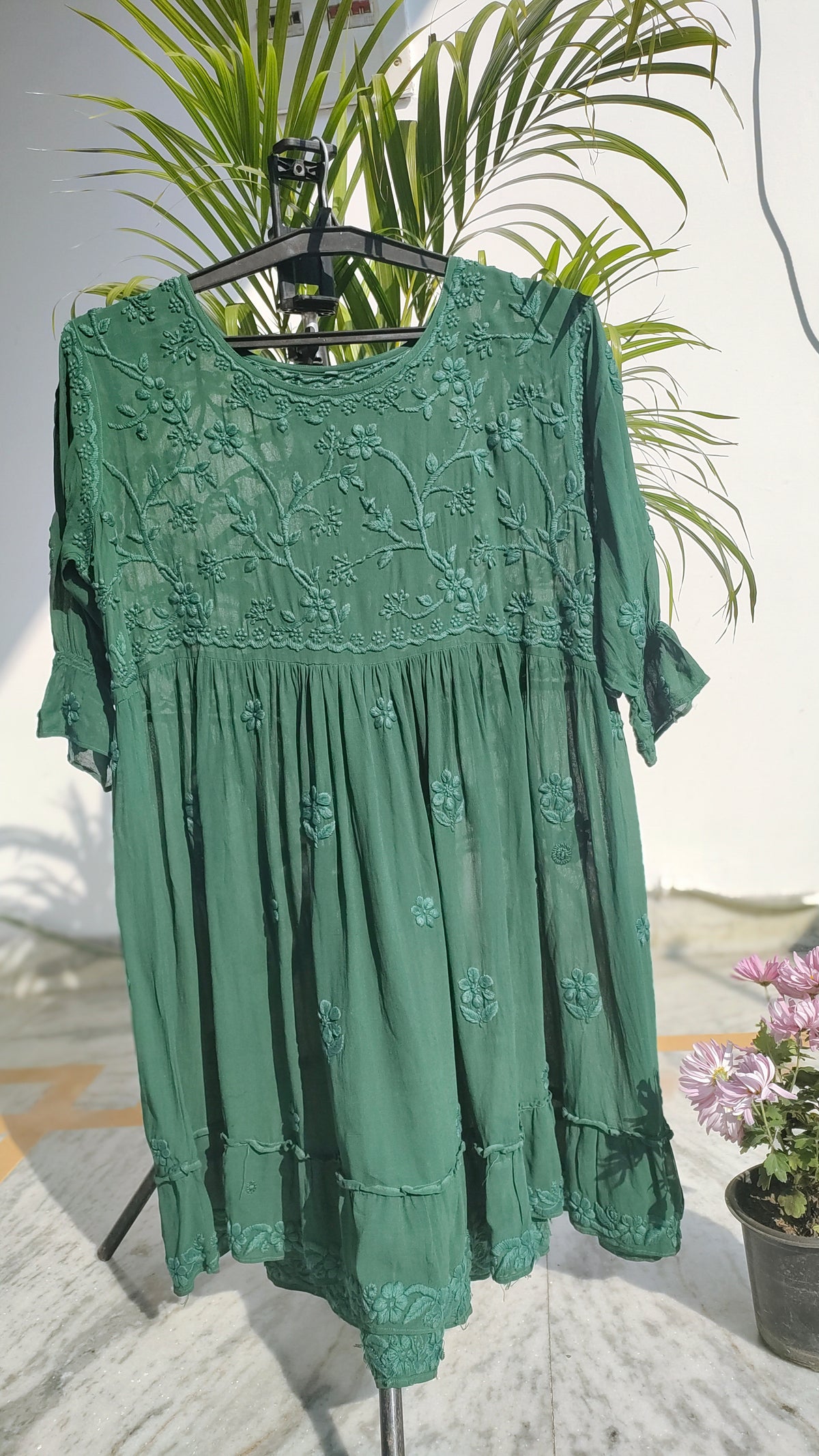 Green Gazal Premium Georgette Tunic with intricate both-side embroidery, handmade Lucknow Chikankari by LVW Fashions.