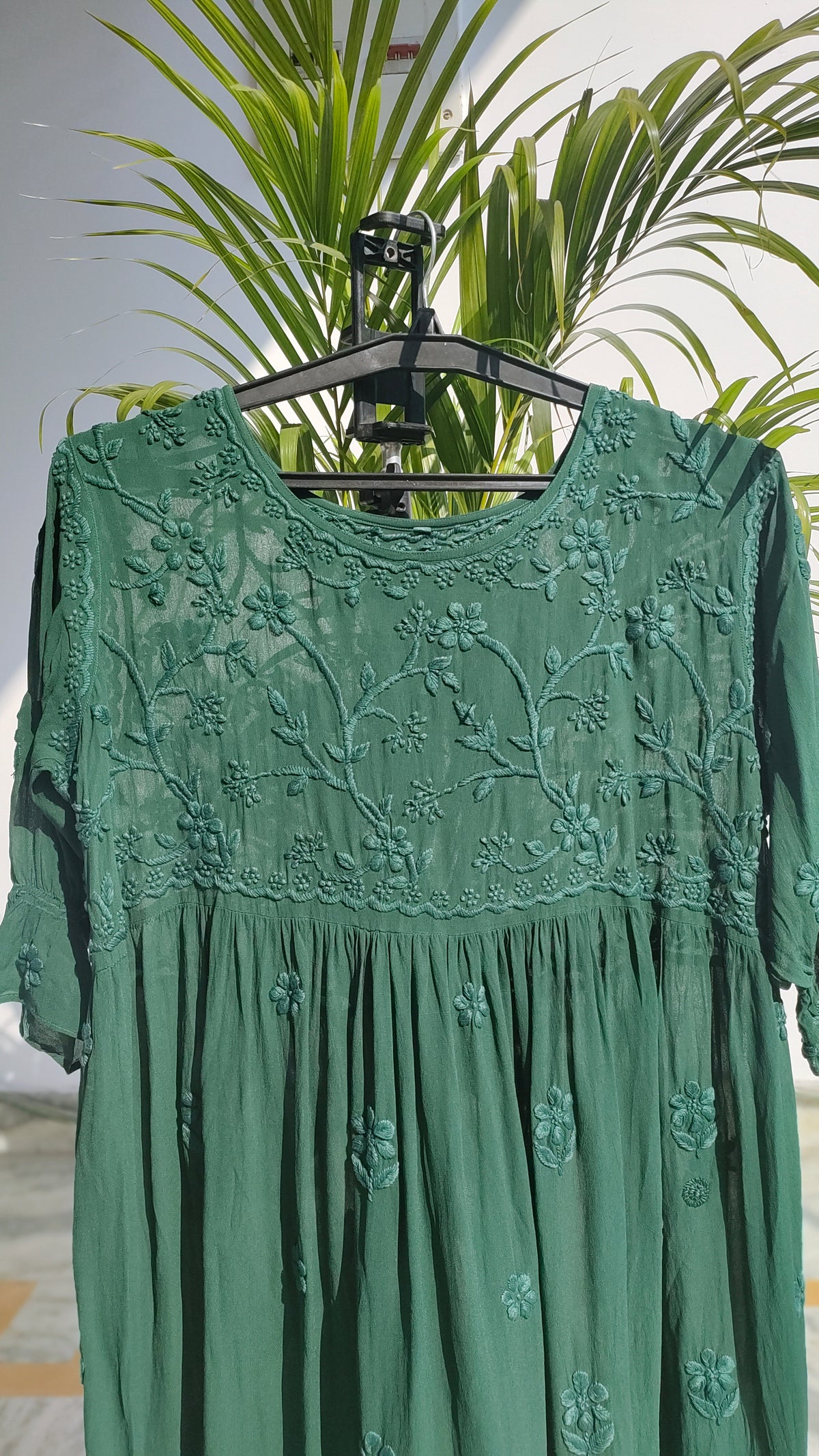 Green Gazal Premium Georgette Tunic with intricate both-side embroidery, handmade Chikankari Kurta by LVW Fashions.