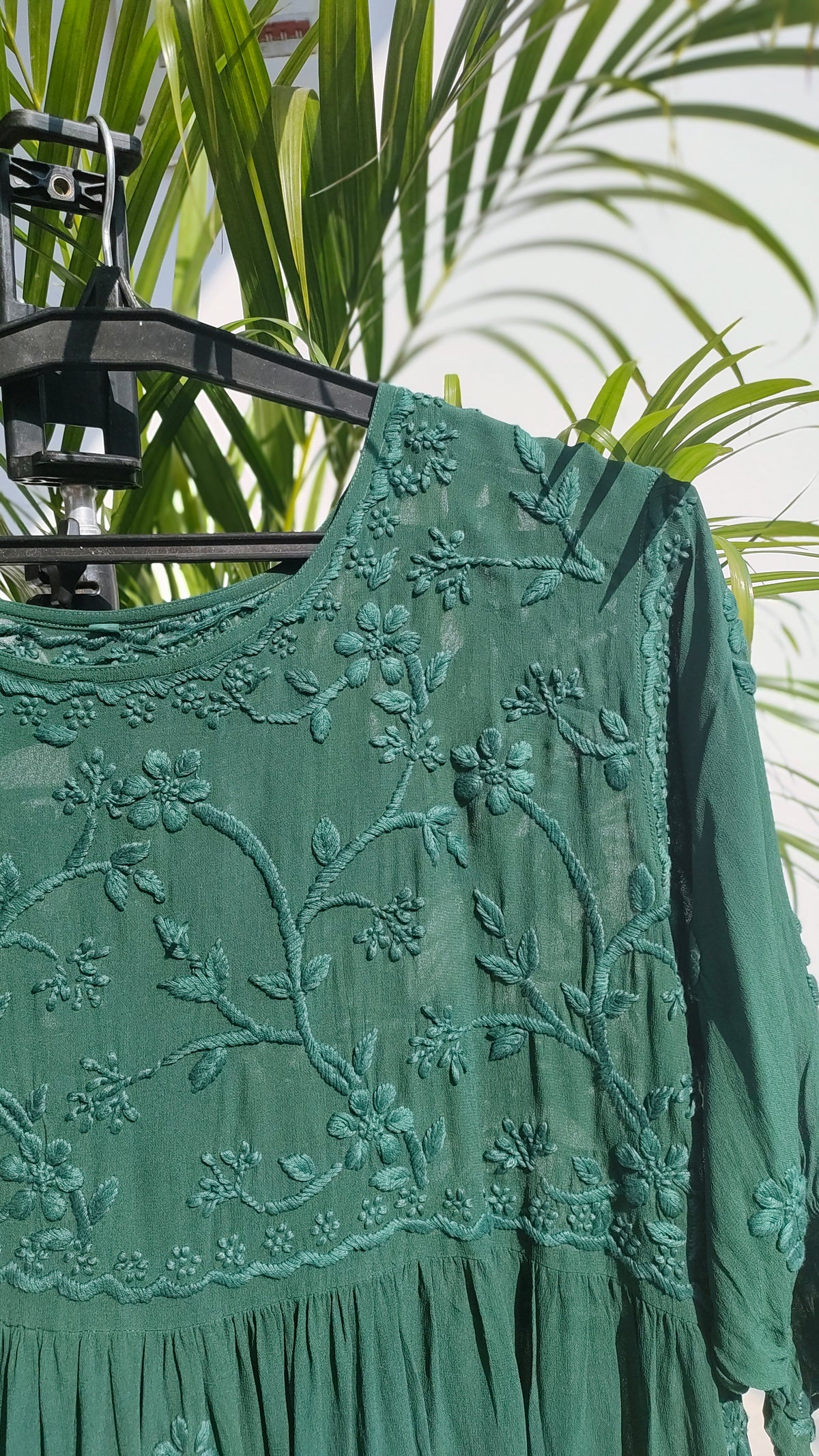 Green Gazal Premium Georgette Tunic with intricate both-side embroidery, handmade Lucknow Chikankari kurta by LVW Fashions.