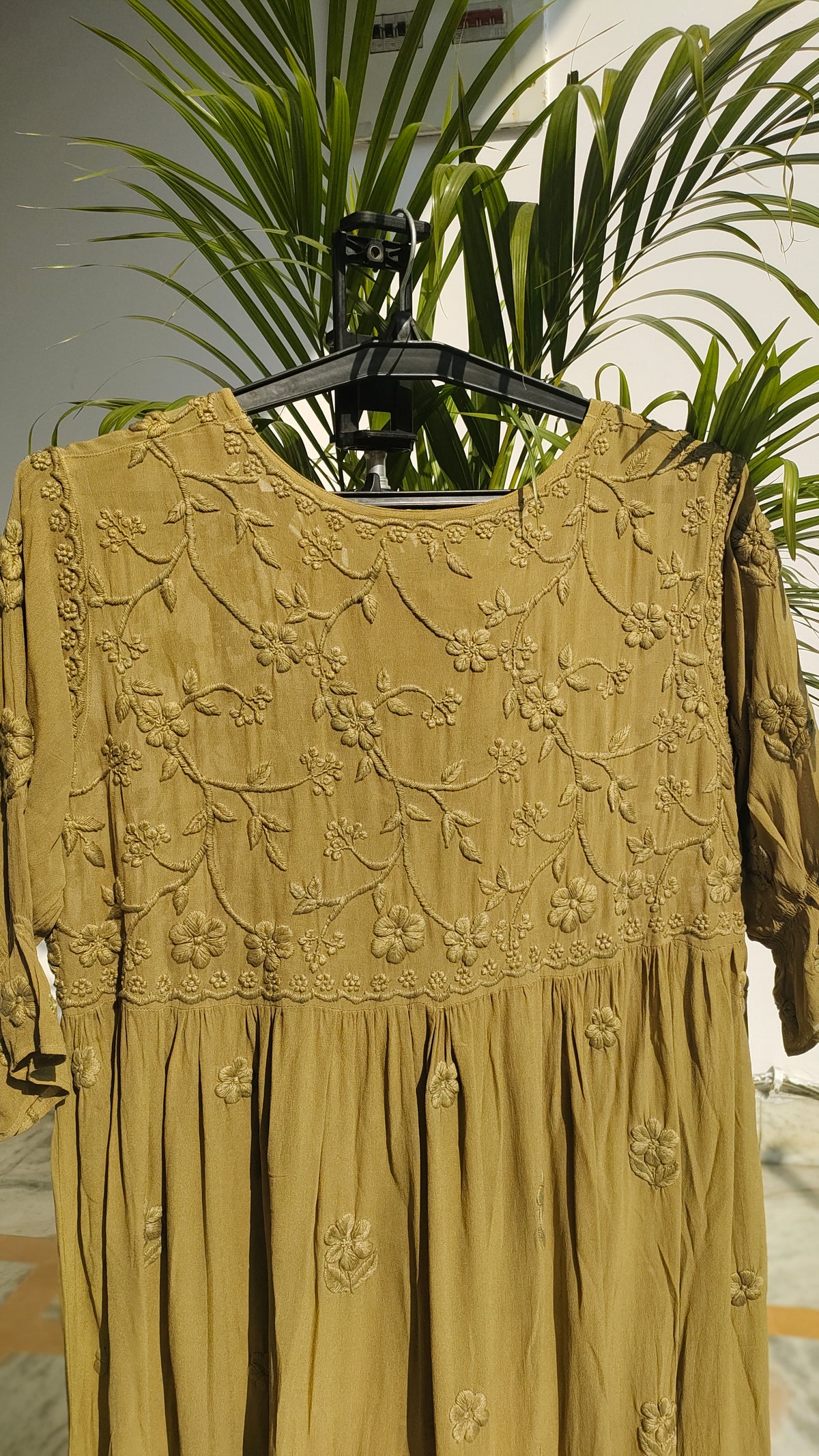 Green Gazal premium georgette tunic with intricate both-side embroidery, handmade Lucknow Chikankari kurta by LVW Fashions.