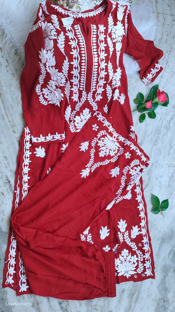 Non-transparent super soft modal Chikankari co-ord set by LVW Fashions, featuring a handmade Lucknow Chikankari kurta with intricate embroidery.