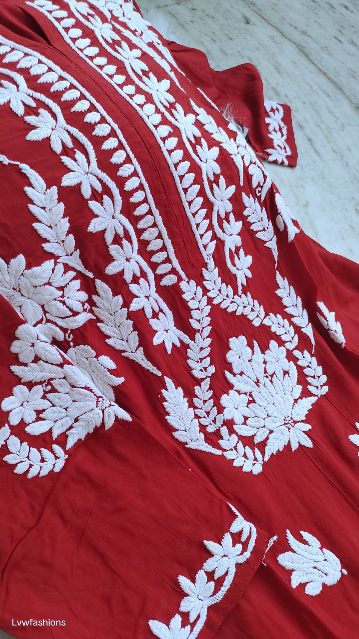 Non-transparent super soft modal Chikankari co-ord set by LVW Fashions featuring handcrafted Lucknow Chikankari kurta and matching bottoms.