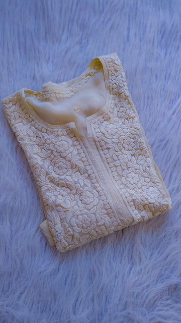 Off-white Adaya Neer Premium Silk Chikankari Long Kurta by LVW Fashions, showcasing intricate Lucknow-style embroidery.