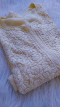Off-white Adaya Neer premium silk Chikankari long kurta by LVW Fashions featuring intricate handmade Lucknow Chikankari embroidery.