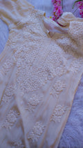 Off-white Adaya Neer premium silk Chikankari long kurta by LVW Fashions, handcrafted Lucknow style with intricate embroidery.