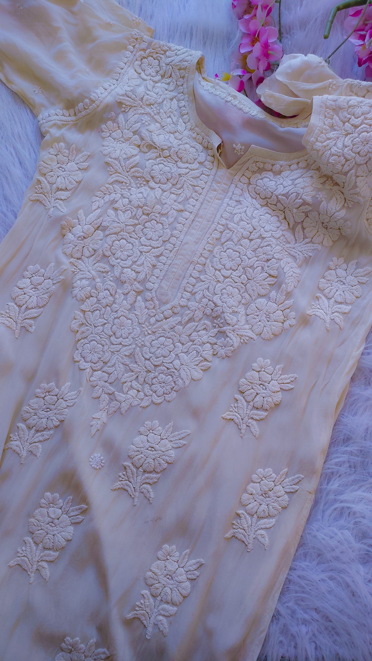 Off-white Adaya Neer premium silk Chikankari long kurta by LVW Fashions, handcrafted Lucknow style with intricate embroidery.