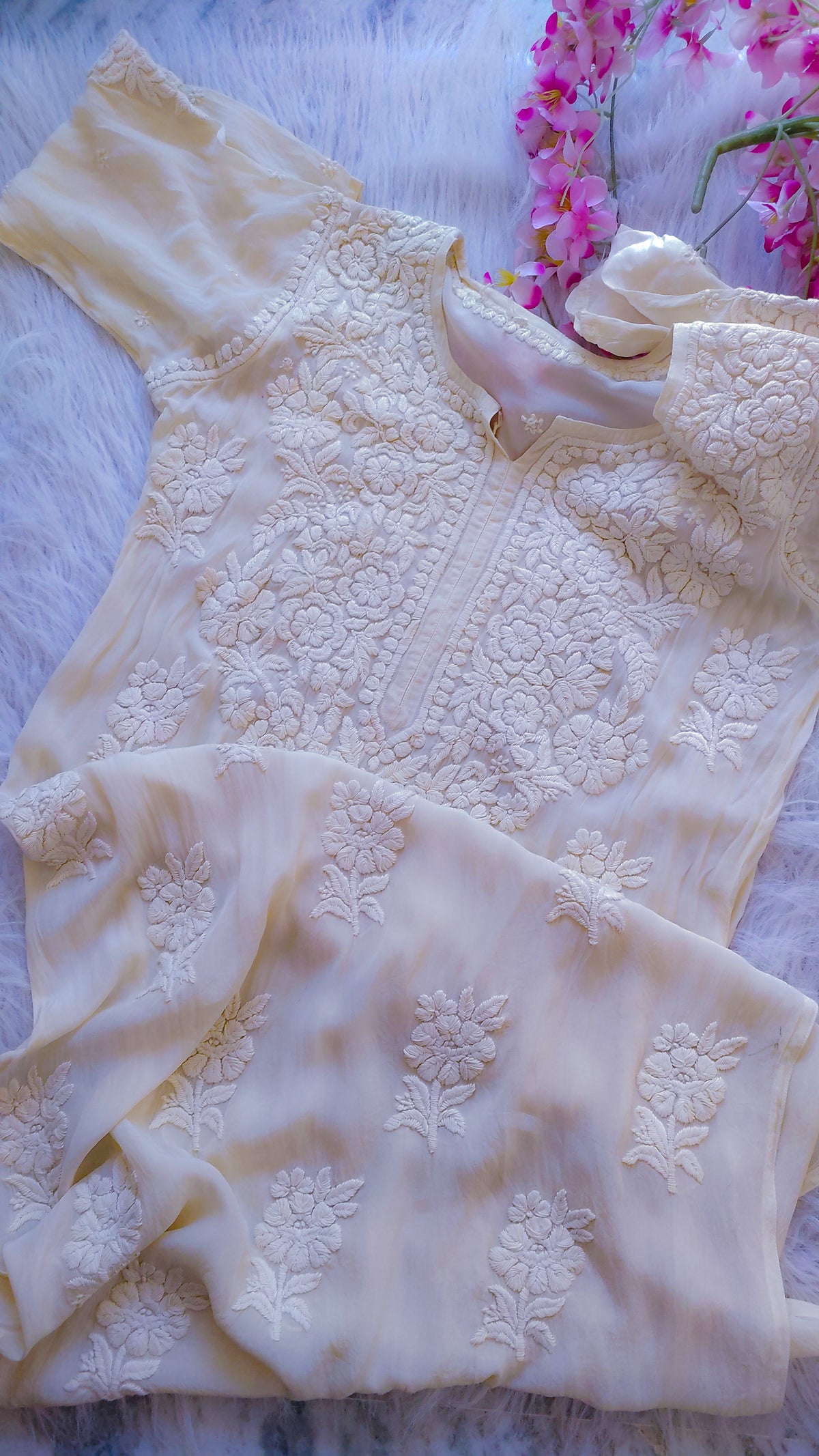 Off-white Adaya Neer premium silk Chikankari long kurta by LVW Fashions featuring intricate hand-stitched Lucknow Chikankari details.