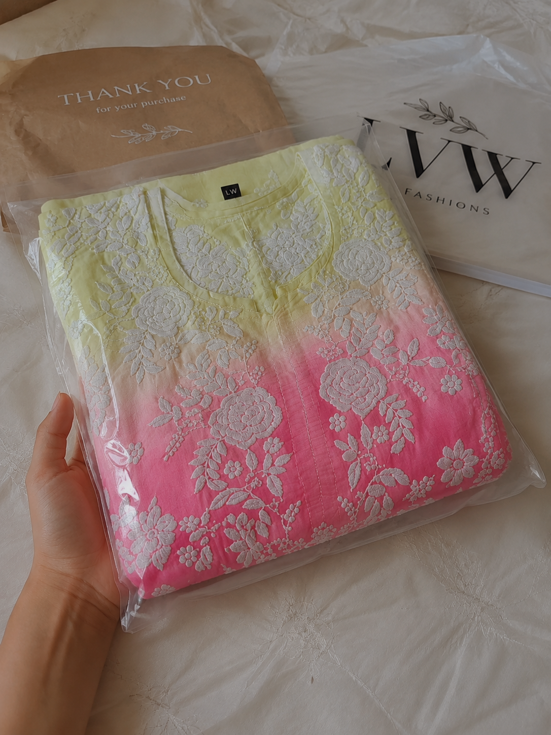 LVW Fashions handmade Chikankari kurta set with ombre effect, back and sleeve embroidery, traditional Lucknow craftsmanship.