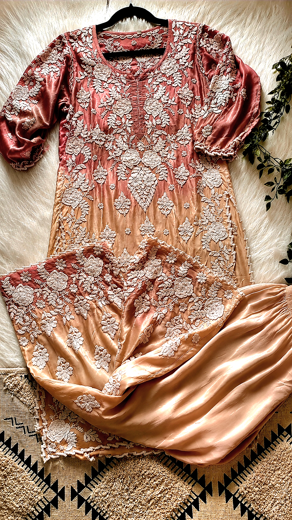 LVW Fashions handmade Chikankari Kurta with ombre effect co-ord set, back and sleeve embroidery, traditional Lucknow craftsmanship