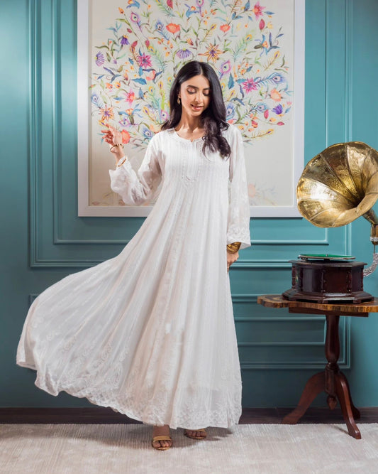 Fida Premium Georgette Resham Chikankari Anarkali by LVW Fashions, handmade Lucknow Chikankari kurta in soft pastel shade.