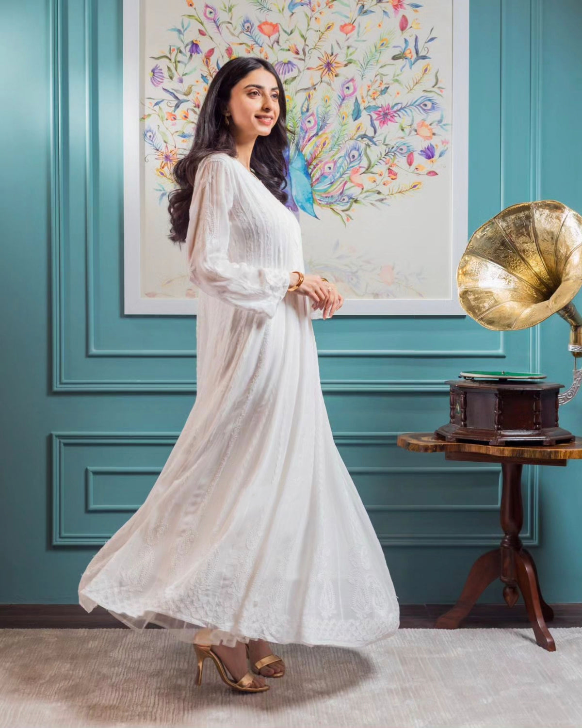 LVW Fashions Fida Premium Georgette Resham Chikankari Anarkali kurta with intricate handmade Lucknow Chikankari design.
