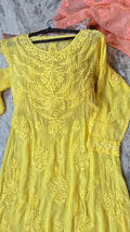 Zerish premium silk long Anarkali dress with intricate Lucknow Chikankari embroidery and round neck, handmade by LVW Fashions.