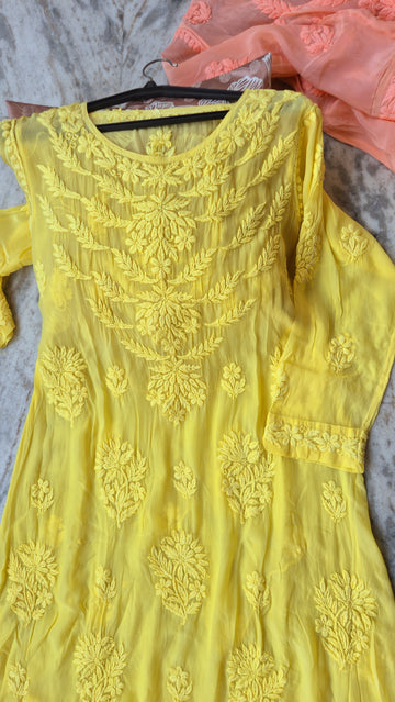 Zerish premium silk long Anarkali dress with intricate Lucknow Chikankari embroidery and round neck, handmade by LVW Fashions.