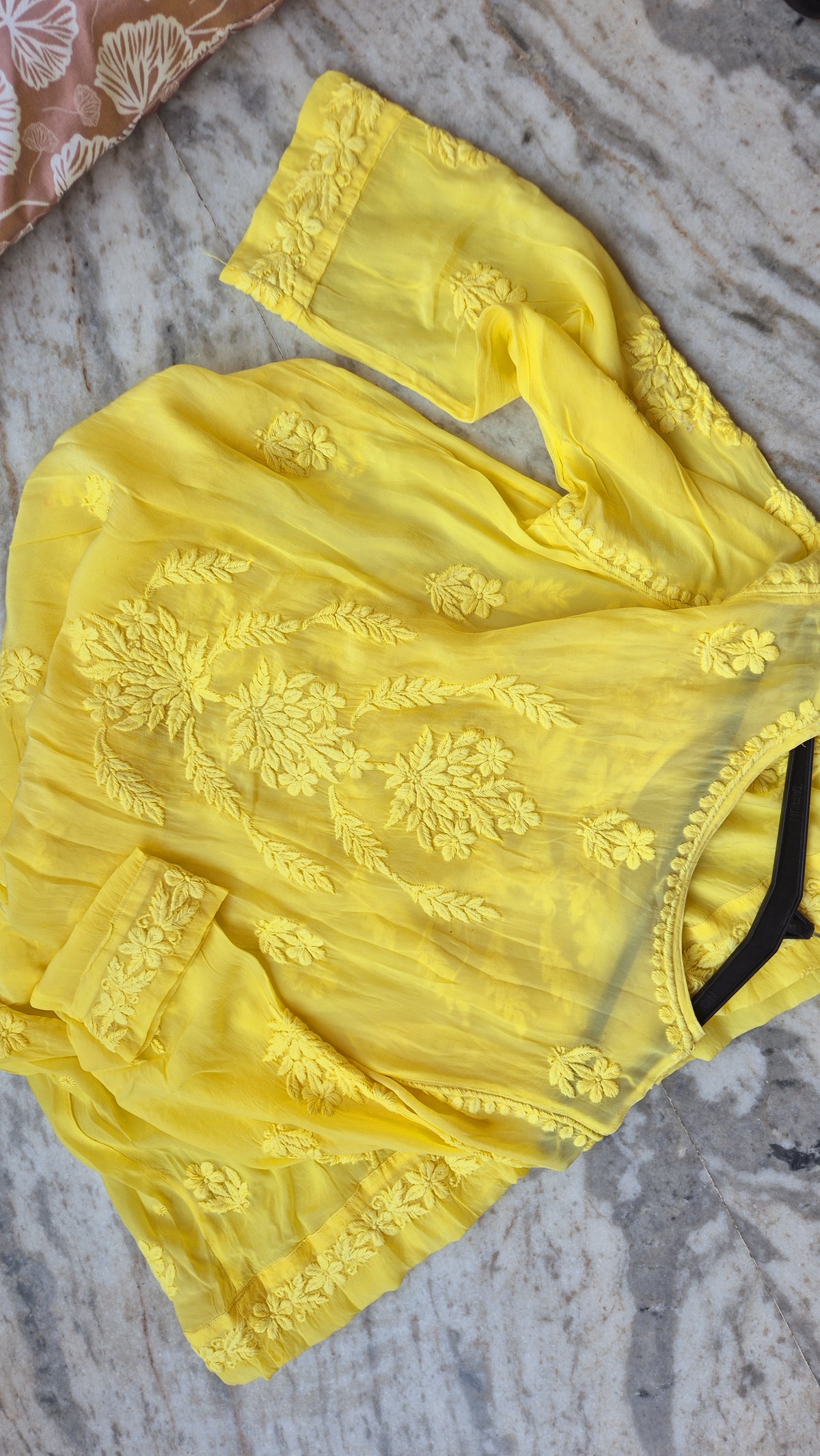 Zerish premium silk luxurious Chikankari long Anarkali dress by LVW Fashions with round neck, handcrafted Lucknow Chikankari details.