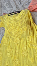 Luxurious Zerish Premium Silk Chikankari Long Anarkali Dress with round neck, handmade by LVW Fashions, showcasing intricate Lucknow embroidery.