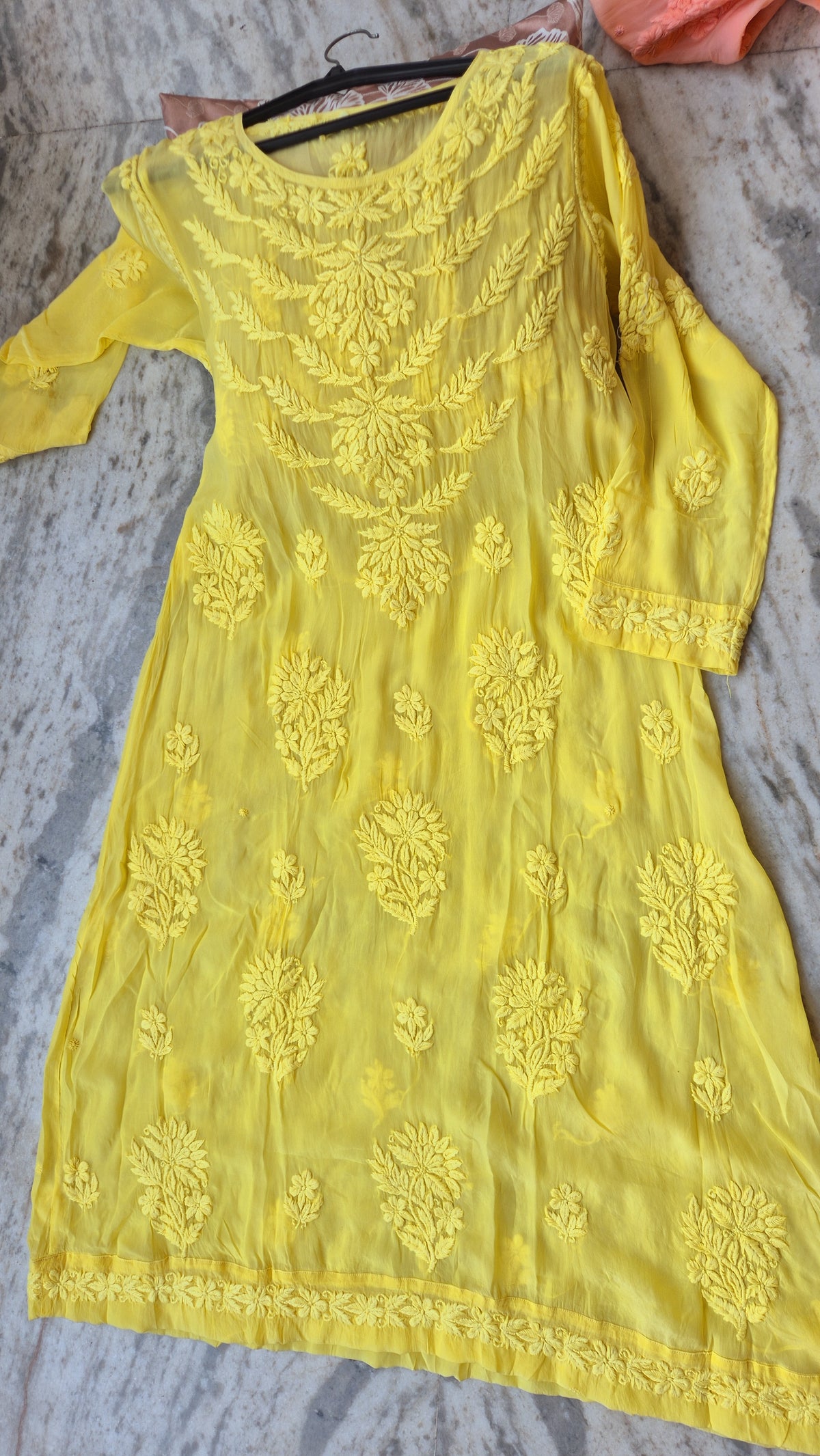 Luxurious Zerish premium silk Chikankari long Anarkali dress with round neck, handmade by LVW Fashions in traditional Lucknow style.