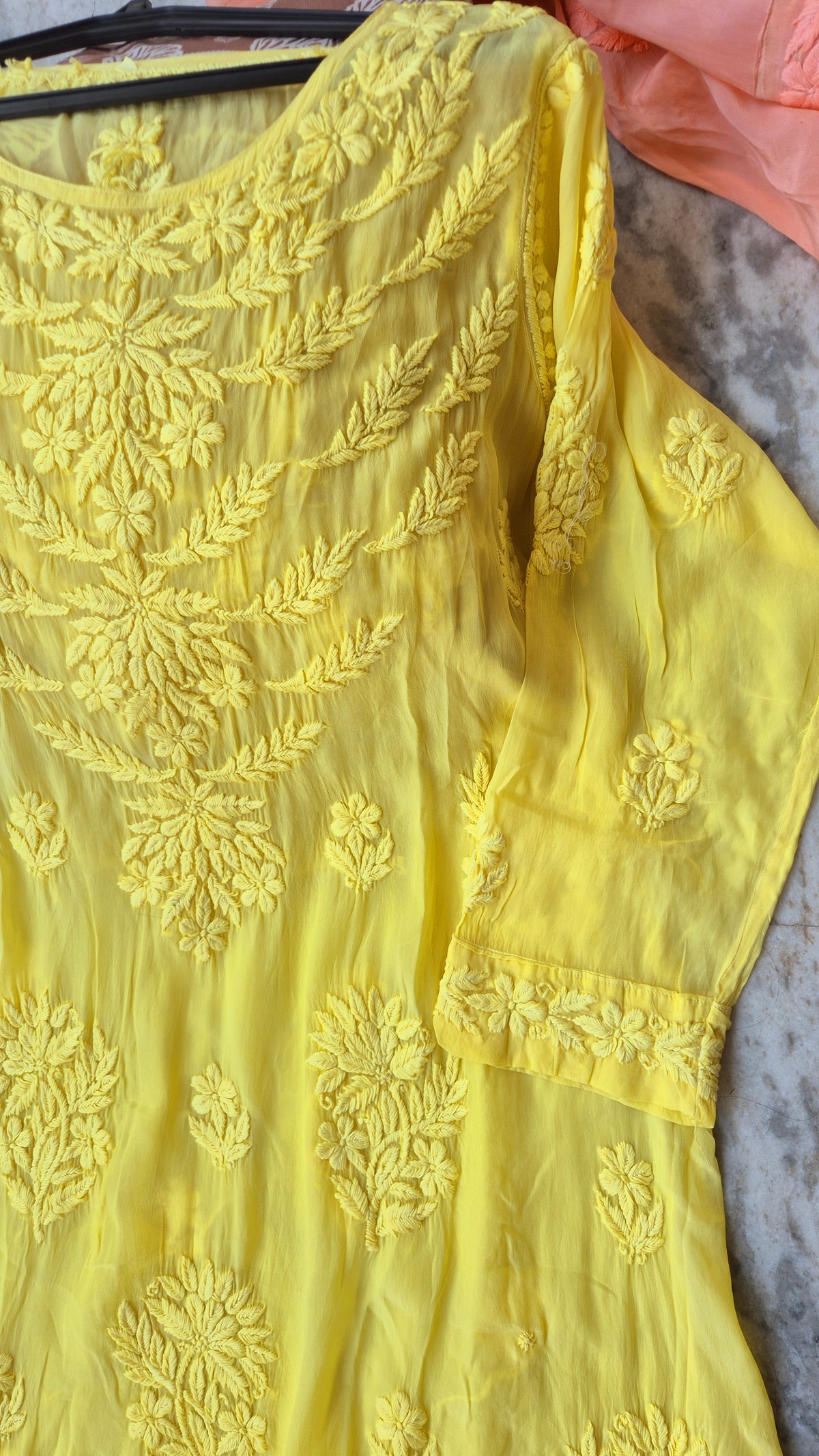 Luxurious Zerish premium silk long Anarkali dress with intricate handmade Lucknow Chikankari and round neck design by LVW Fashions.