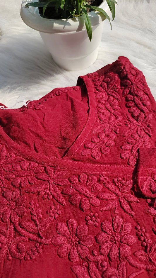 Handmade Duaa Tyrian premium Georgette Angrakha with luxurious Lucknow Chikankari, featuring intricate embroidery and elegant design.