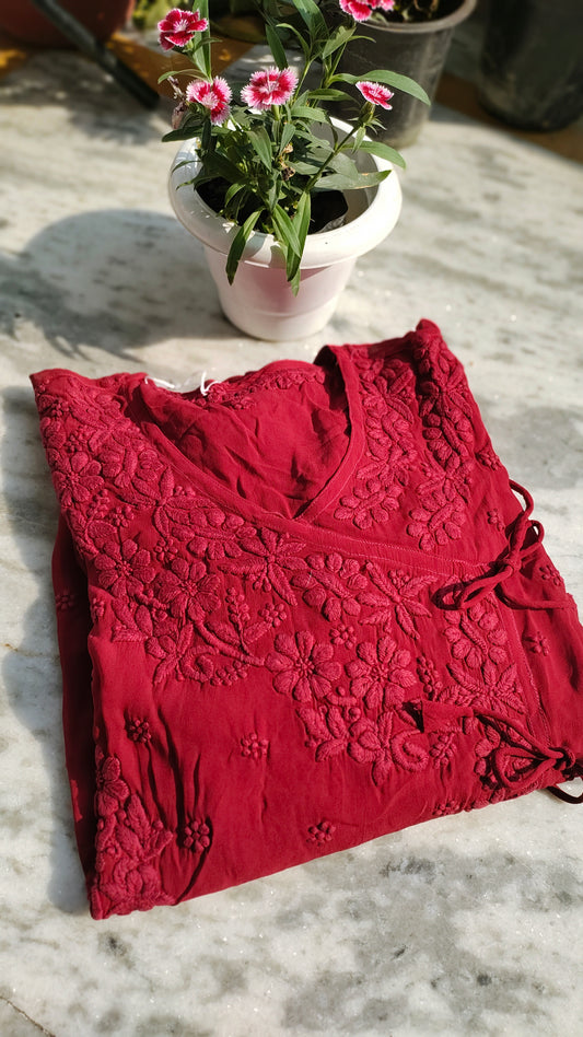 Handmade LVW Fashions Duaa Tyrian premium georgette Chikankari Angrakha with intricate embroidery, luxurious look, and traditional craftsmanship.