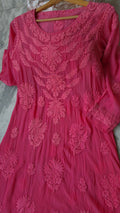 Beautiful fuchsia pink premium silk A-line dress by LVW Fashions featuring luxurious craftsmanship and a stylish silhouette.