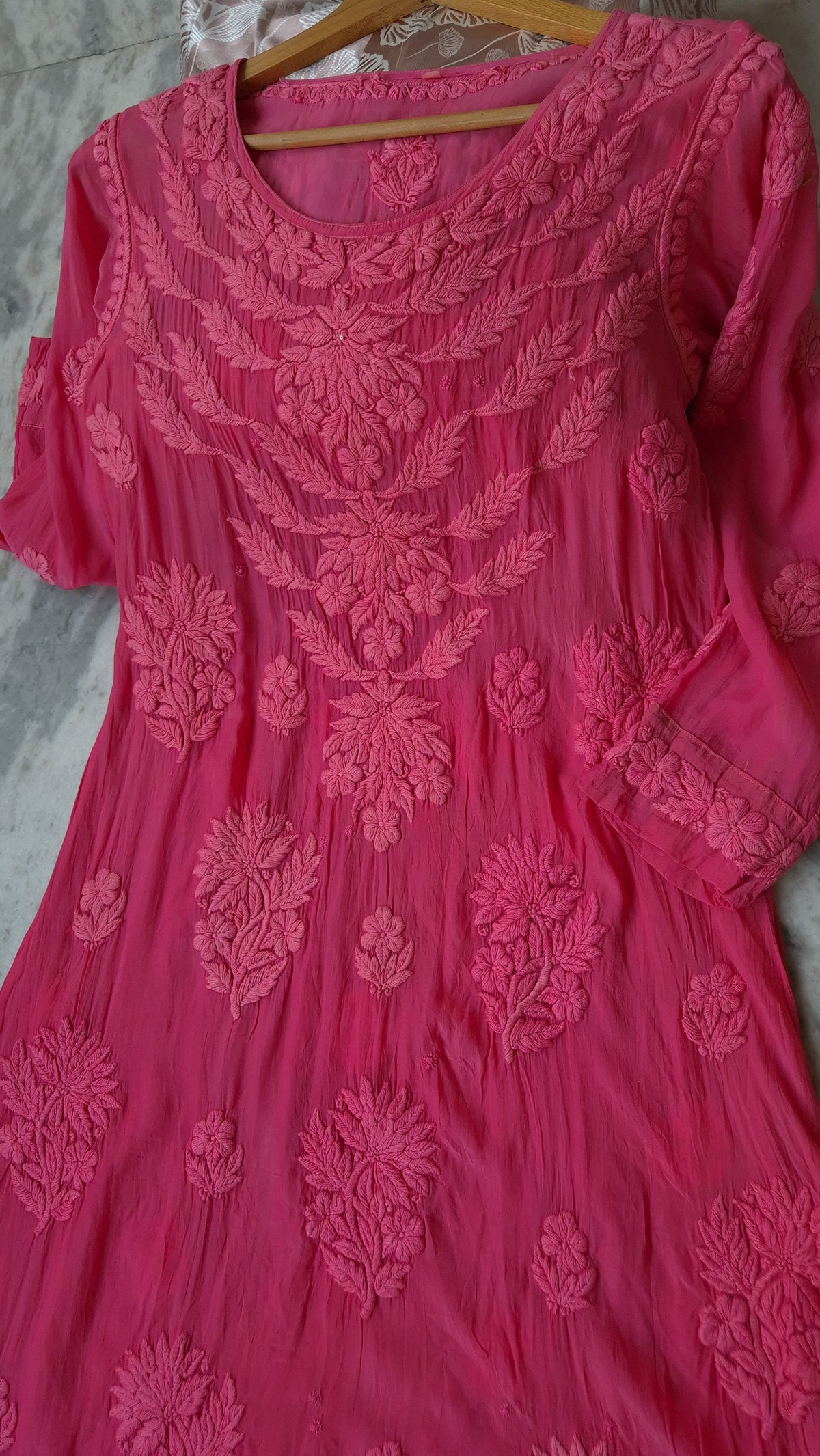 Beautiful fuchsia pink premium silk A-line dress by LVW Fashions featuring luxurious craftsmanship and a stylish silhouette.