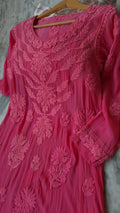 Beautiful fuchsia pink premium silk A-line dress by LVW Fashions, featuring luxurious handmade Chikankari embroidery.