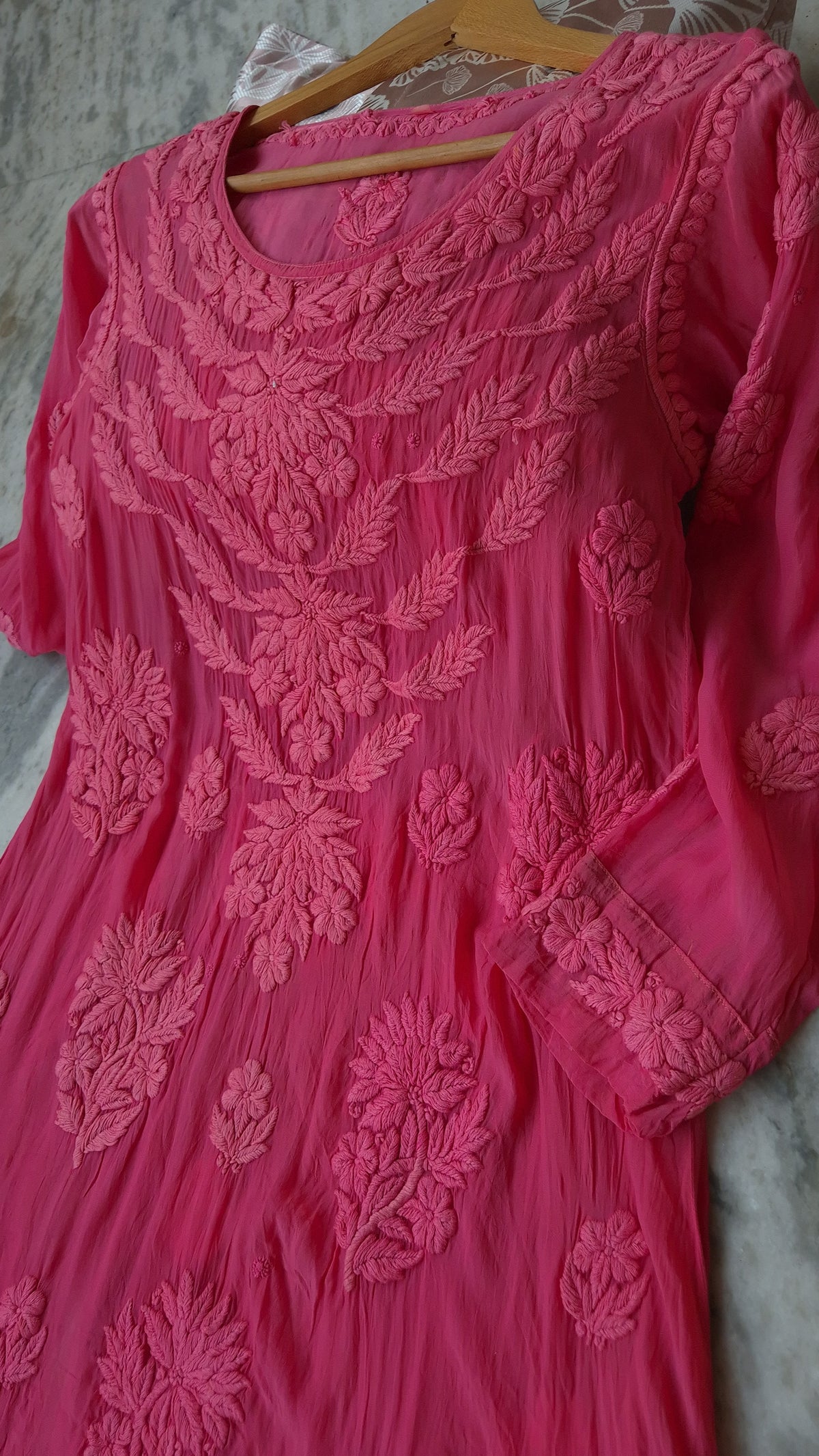Beautiful fuchsia pink premium silk A-line dress by LVW Fashions, featuring luxurious handmade Chikankari embroidery.
