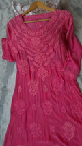 Fusia pink premium silk A-line dress by LVW Fashions with luxurious handmade Chikankari embroidery, elegant and stylish.