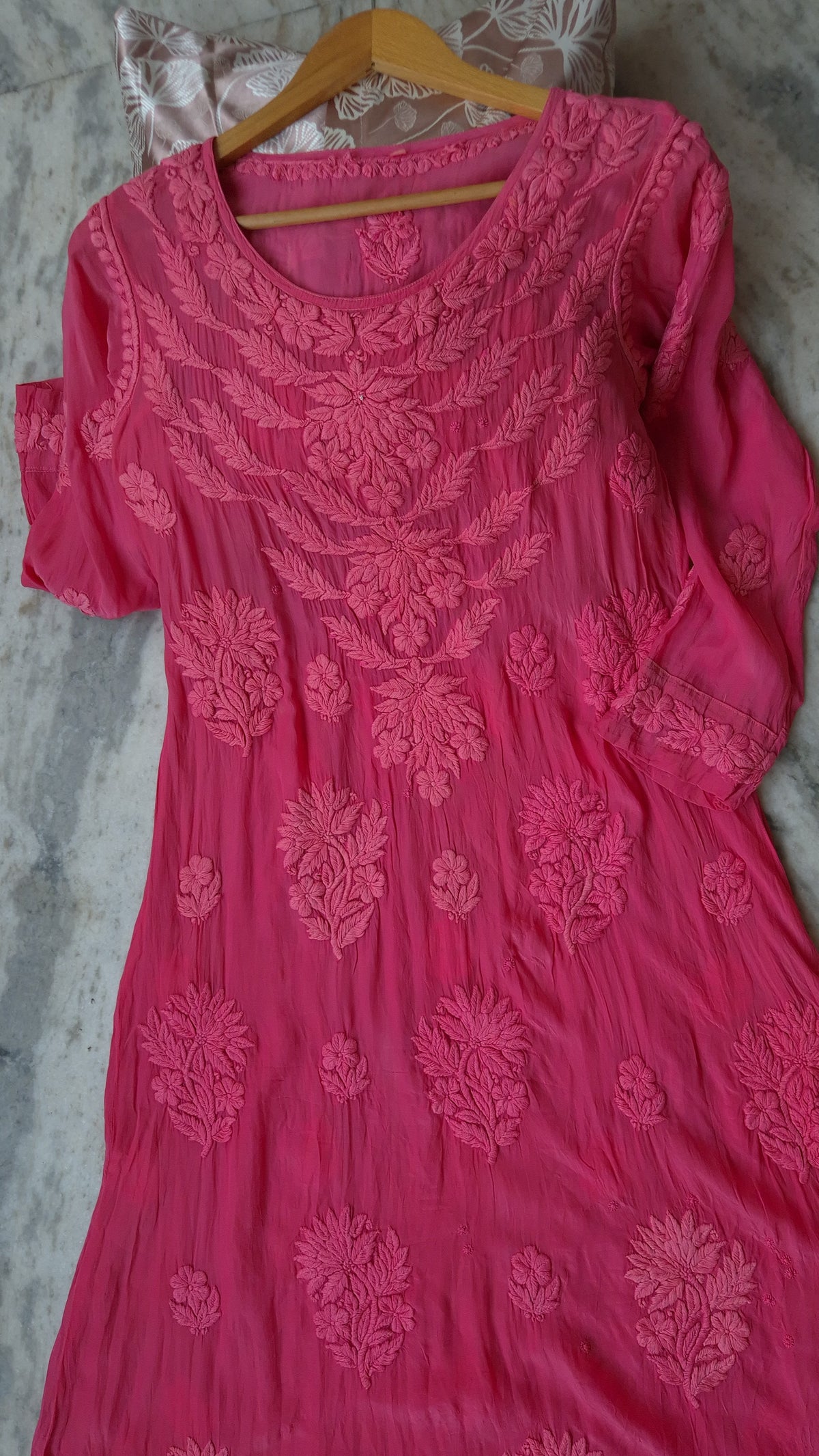 Fusia pink premium silk A-line dress by LVW Fashions with luxurious handmade Chikankari embroidery, elegant and stylish.