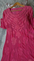 Fusia pink premium silk A-line dress by LVW Fashions, featuring luxurious handmade chikankari embroidery.