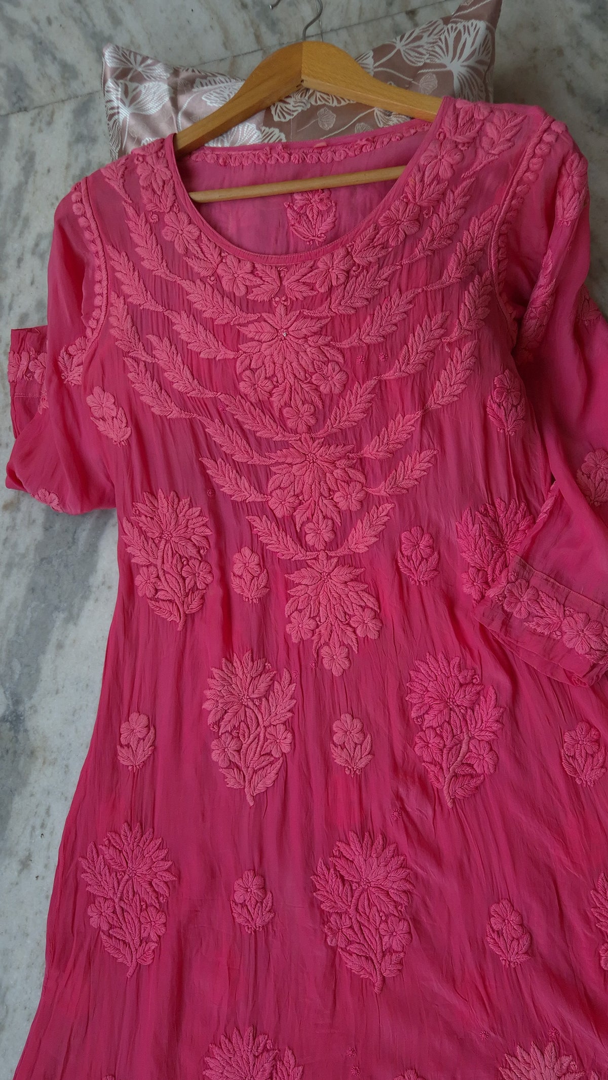 Fusia pink premium silk A-line dress by LVW Fashions, featuring luxurious handmade chikankari embroidery.