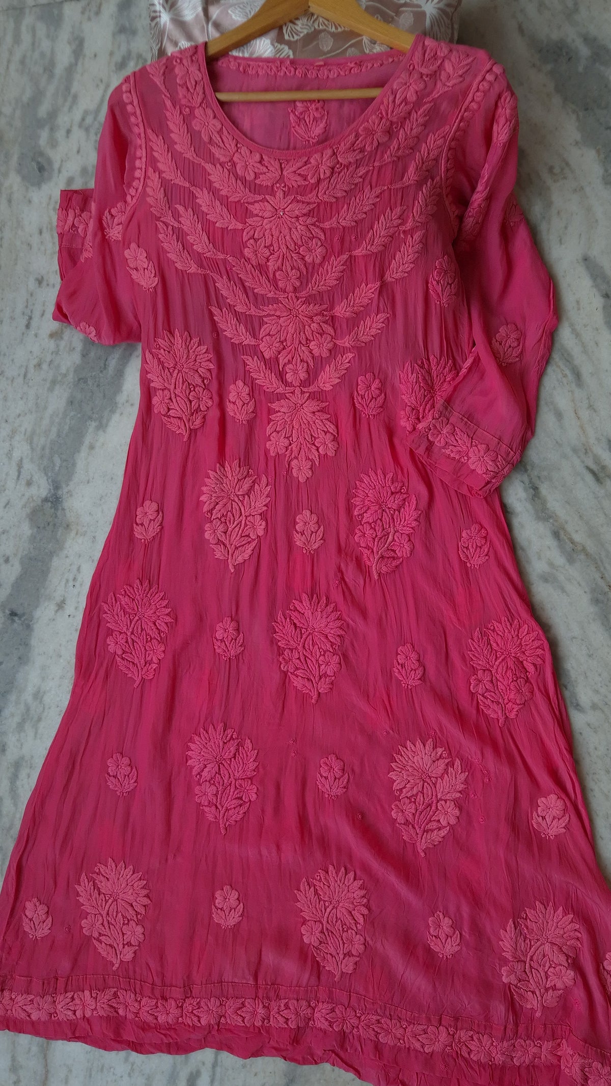 Beautiful fusia pink silk A-line dress by LVW Fashions, luxurious handmade Chikankari kurta from Lucknow.