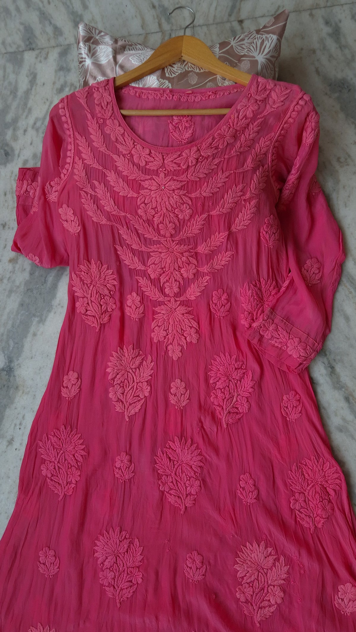 Beautiful fusia pink premium silk A-line dress by LVW Fashions, showcasing luxurious craftsmanship and elegant design.