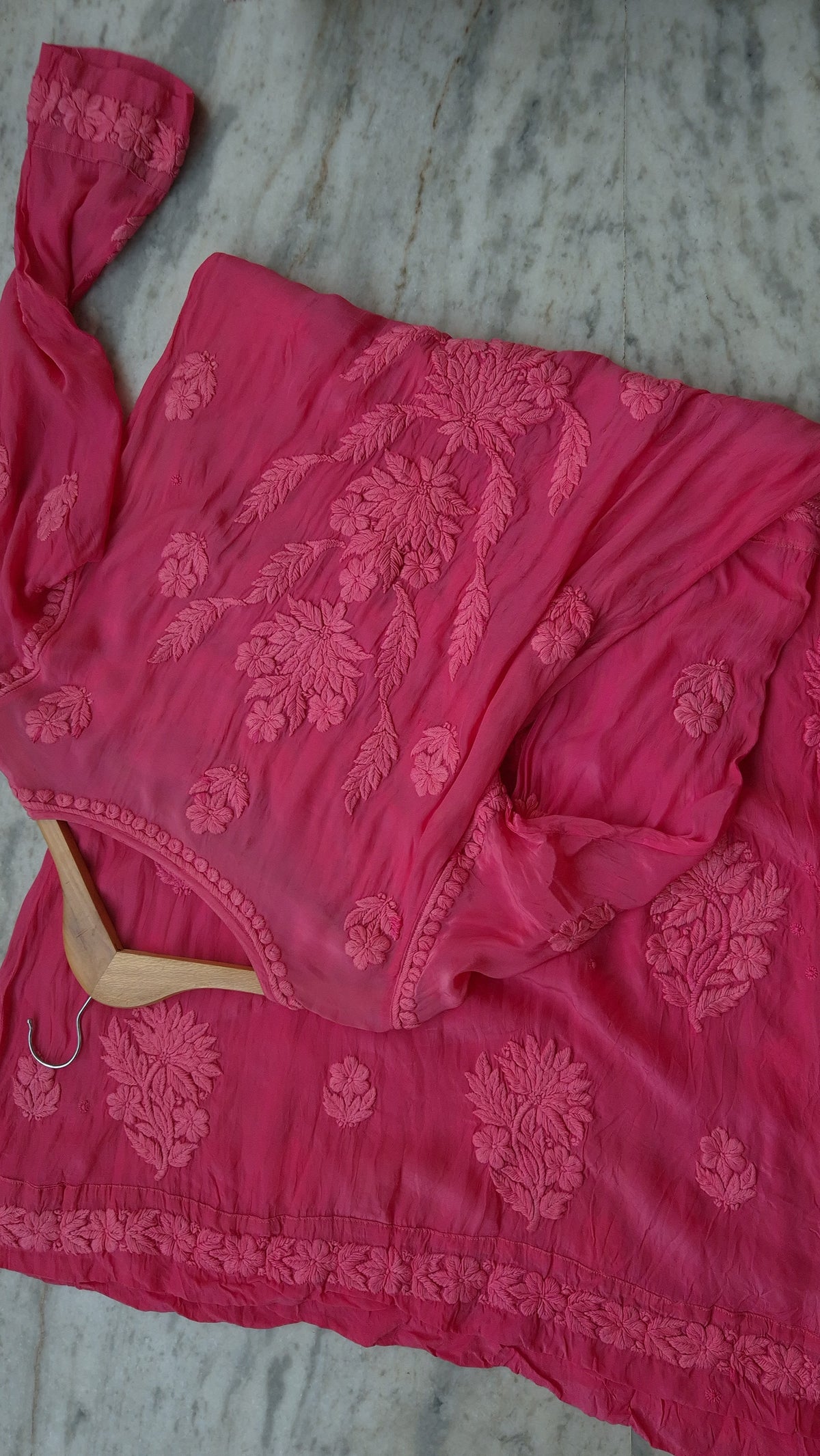 Beautiful fusia pink premium silk A-line dress by LVW Fashions featuring luxurious handmade chikankari embroidery.
