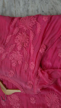 Beautiful fusia pink premium silk A-line dress by LVW Fashions, featuring luxurious handmade Chikankari embroidery.