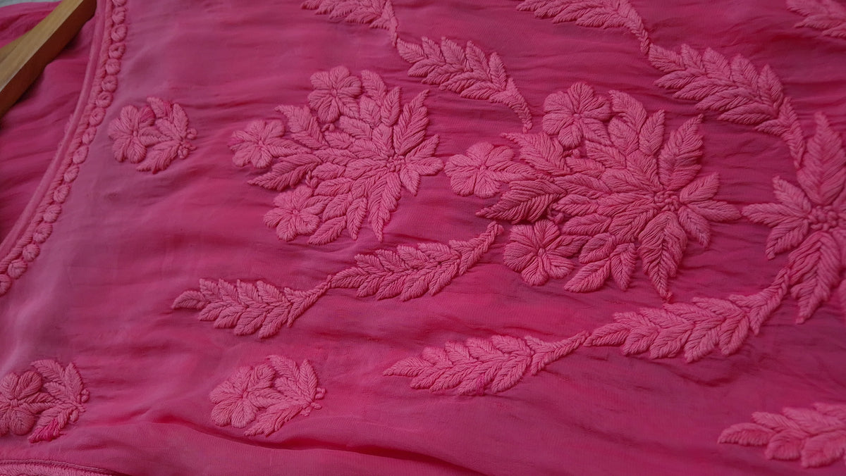 Beautiful fuchsia pink premium silk A-line dress by LVW Fashions featuring luxurious handmade Chikankari embroidery.