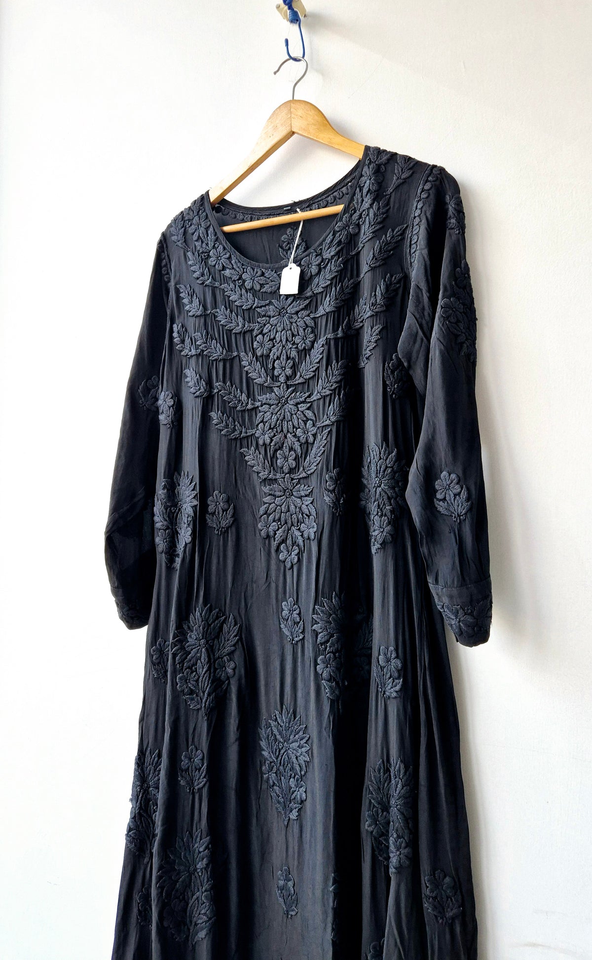 Blackish premium silk Anarkali Chikankari dress by LVW Fashions, handcrafted Lucknow-style embroidery, elegant and luxurious.