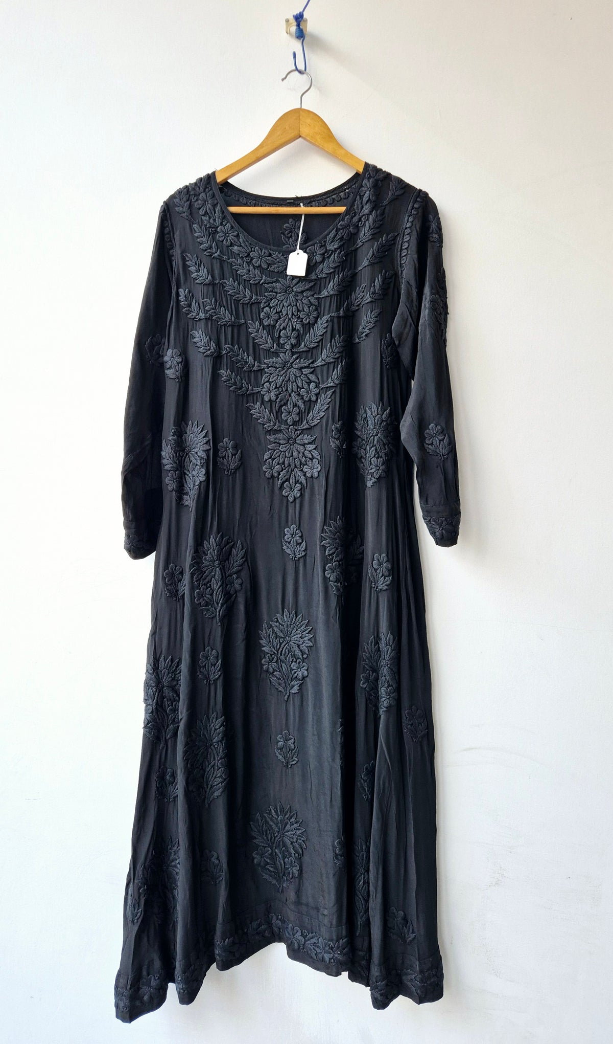 Blackish premium silk Anarkali Chikankari dress by LVW Fashions with intricate handmade Lucknow embroidery and elegant design.