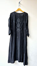 Blackish premium silk Anarkali Chikankari dress by LVW Fashions, handmade Lucknow chikankari embroidery, luxurious and elegant.