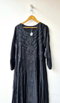 Blackish premium silk Anarkali Chikankari dress by LVW Fashions featuring intricate handmade Lucknow chikankari embroidery.