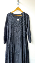 Blackish premium silk Anarkali Chikankari dress by LVW Fashions featuring intricate handmade Lucknow embroidery.