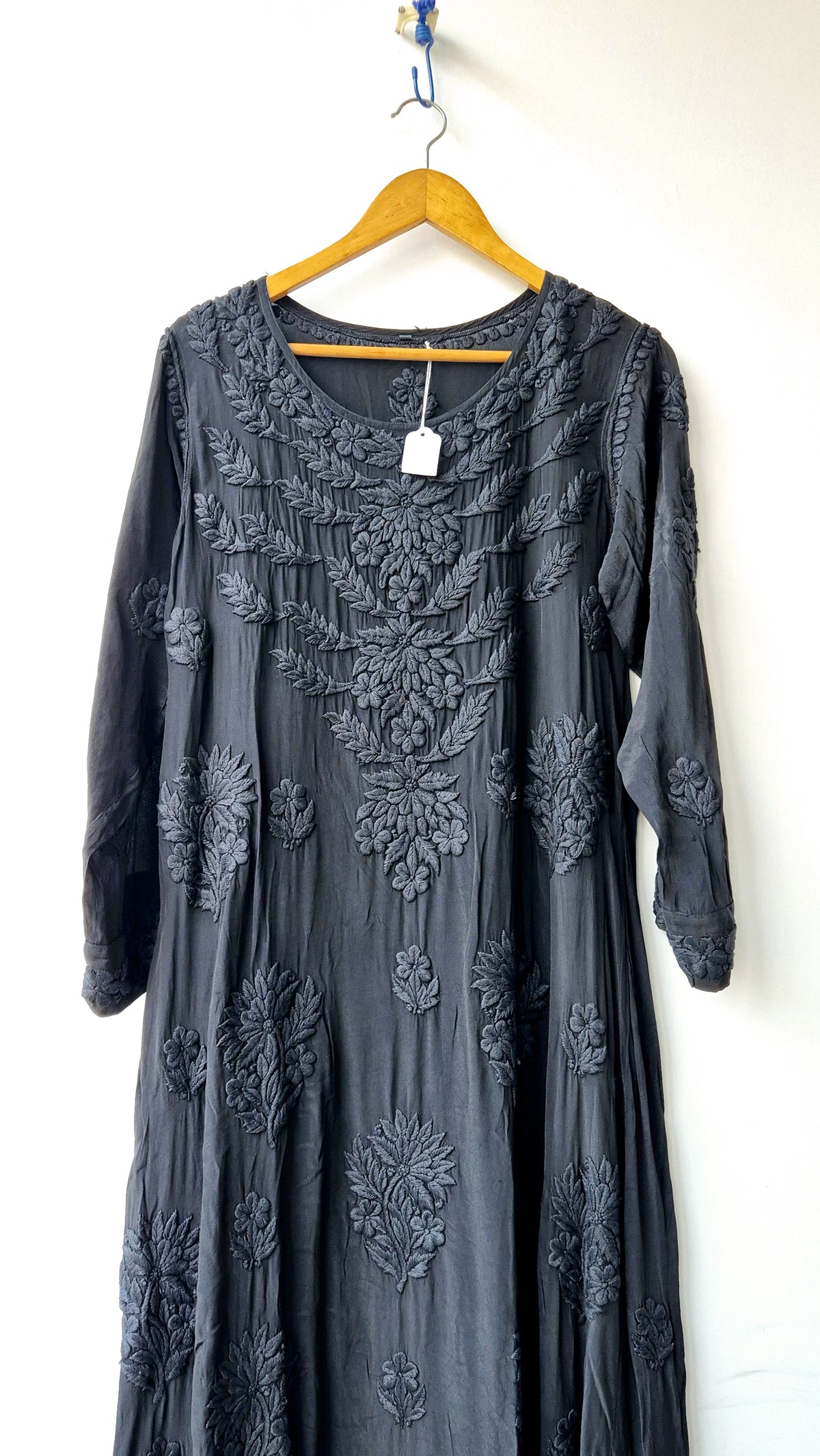 Blackish premium silk Anarkali Chikankari dress by LVW Fashions featuring intricate handmade Lucknow embroidery.