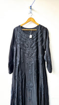Blackish premium silk Anarkali Chikankari dress by LVW Fashions, handmade Lucknow Chikankari kurta, elegant and luxurious.