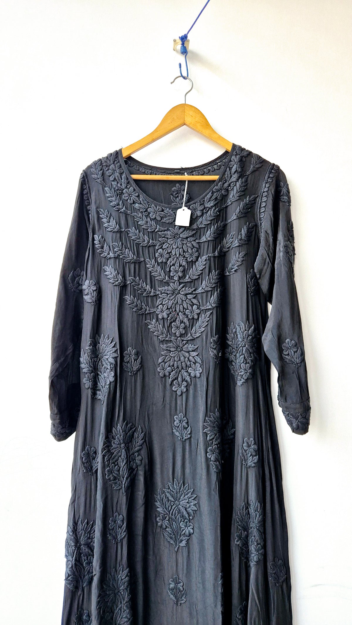 Blackish premium silk Anarkali Chikankari dress by LVW Fashions, handmade Lucknow Chikankari kurta, elegant and luxurious.