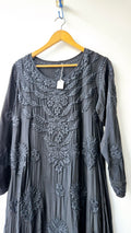 Blackish premium silk Anarkali Chikankari dress by LVW Fashions, featuring intricate handmade Lucknow Chikankari embroidery.